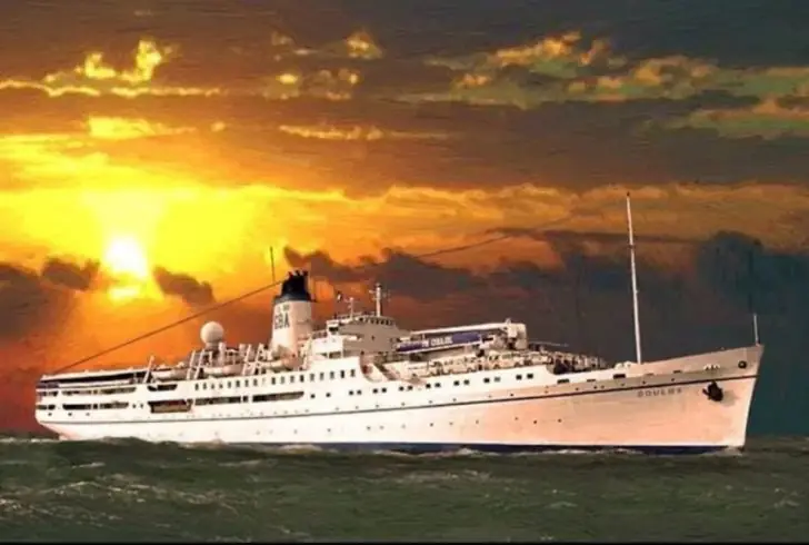 Historic ship sailing calmly on ocean